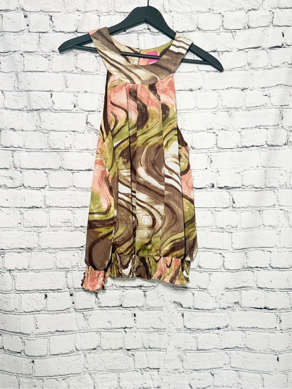 Sunny Leigh Abstract Swirl Halter Top in Olive, Brown & Peach. Size L